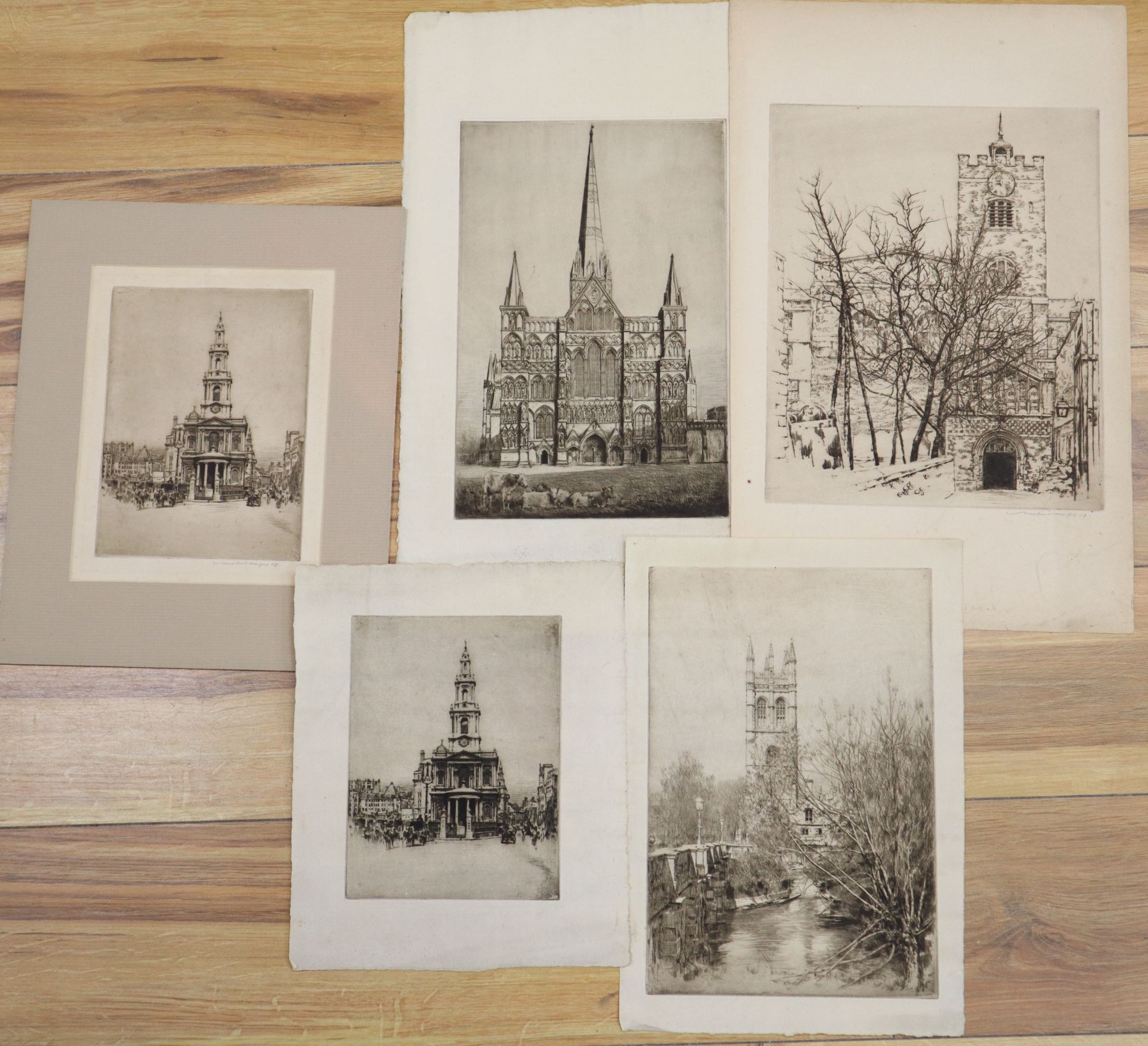 Mortimer Luddington Menpes (1855-1938), five unframed monochrome etchings with drypoint, 30 x 23.5cm (largest)